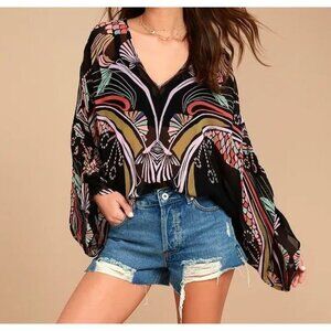 Free People Beneath the Sea Dolman Sleeve V Neck Elastic Waist Blouse Size S